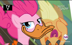Size: 800x508 | Tagged: safe, edit, edited screencap, screencap, character:applejack, character:pinkie pie, episode:pinkie apple pie, g4, my little pony: friendship is magic, beak, donald duck, duckface, hub logo, literal, literal duck face, screaming, tv rating, tv-y