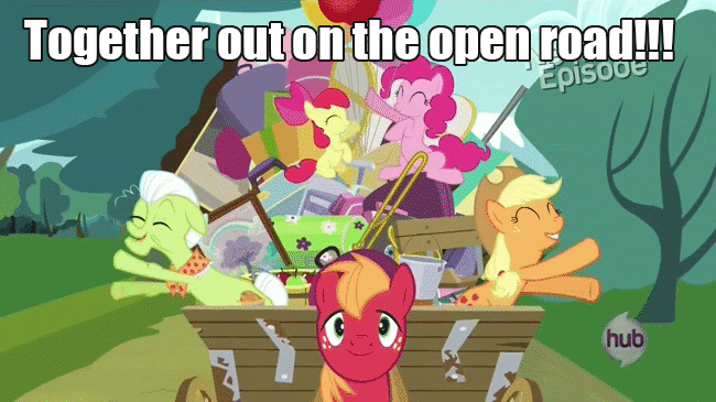 Size: 650x365 | Tagged: safe, edit, edited screencap, screencap, character:apple bloom, character:applejack, character:big mcintosh, character:granny smith, character:pinkie pie, species:earth pony, species:pony, episode:pinkie apple pie, g4, my little pony: friendship is magic, a goofy movie, animated, apples to the core, caption, female, filly, hub logo, male, mare, meme, song reference, stallion