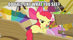Size: 845x463 | Tagged: safe, edit, edited screencap, screencap, character:apple bloom, species:pony, episode:pinkie apple pie, g4, my little pony: friendship is magic, bedroom eyes, bloom butt, butt, caption, female, hub logo, image macro, mare, plot, solo