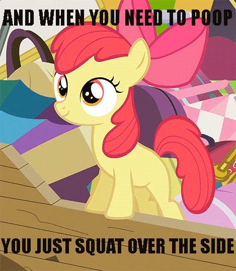 Size: 469x540 | Tagged: safe, edit, edited screencap, screencap, character:apple bloom, episode:pinkie apple pie, g4, my little pony: friendship is magic, animated, caption, implied scat, poop