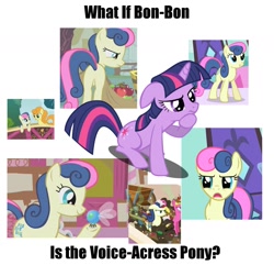 Size: 1695x1631 | Tagged: safe, edit, screencap, character:bon bon, character:carrot top, character:cherry berry, character:golden harvest, character:sweetie drops, character:twilight sparkle, character:twilight sparkle (unicorn), species:earth pony, species:pony, species:unicorn, episode:call of the cutie, episode:green isn't your color, episode:putting your hoof down, episode:swarm of the century, g4, my little pony: friendship is magic, artifact, bon bon doesn't know whether to be amused or not, bon bon is amused, bon bon is not amused, mare of a thousand voices, meta, misspelling, old, parasprite