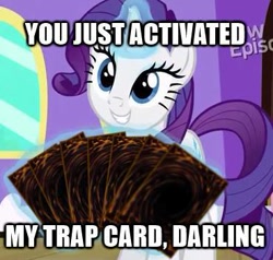 Size: 369x351 | Tagged: safe, edit, edited screencap, screencap, character:rarity, episode:rarity takes manehattan, g4, my little pony: friendship is magic, card, female, grin, image macro, levitation, magic, smiling, solo, squee, telekinesis, trap card, you just activated my trap card, yu-gi-oh!