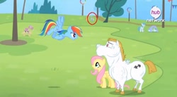 Size: 843x466 | Tagged: safe, edit, edited screencap, screencap, character:bulk biceps, character:cloudchaser, character:dizzy twister, character:fluttershy, character:orange swirl, character:rainbow dash, character:white lightning, species:pegasus, species:pony, episode:rainbow falls, g4, my little pony: friendship is magic, circled, ear piercing, earring, female, flying, hilarious in hindsight, irony, jewelry, male, mare, not derpy, piercing, stallion, vein, warm front