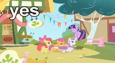 Size: 390x216 | Tagged: safe, edit, edited screencap, screencap, character:apple bloom, character:scootaloo, character:sweetie belle, character:twilight sparkle, species:pegasus, species:pony, episode:the cutie mark chronicles, g4, my little pony: friendship is magic, adorkable, animated, cute, cutie mark crusaders, dork, eyes closed, happy, open mouth, pronking, reaction image, smiling, twiabetes, yes, yes yes yes