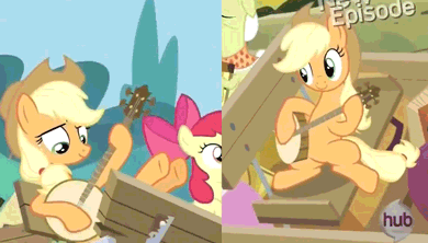Size: 390x222 | Tagged: safe, edit, edited screencap, screencap, character:apple bloom, character:applejack, character:granny smith, episode:pinkie apple pie, g4, my little pony: friendship is magic, animated, banjo, hub logo, hubble, musical instrument, playing, sitting, the hub
