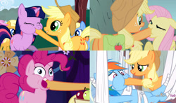 Size: 1152x679 | Tagged: safe, edit, edited screencap, screencap, character:applejack, character:fluttershy, character:pinkie pie, character:rainbow dash, character:twilight sparkle, species:pony, episode:dragonshy, episode:friendship is magic, episode:rainbow falls, g4, my little pony: friendship is magic, apple, clothing, cowboy hat, eyes closed, feederjack, force feeding, hat, hoof in mouth, hoofjack, hospital, hub logo, out of context, saddle bag, silly, silly pony, smiling, stetson, wide eyes