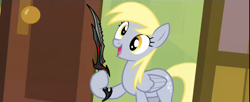 Size: 1280x521 | Tagged: safe, edit, screencap, character:derpy hooves, species:pegasus, species:pony, episode:rainbow falls, g4, my little pony: friendship is magic, daedric sword, derpy's flag, exploitable meme, female, mare, meme, skyrim, solo, sword, the elder scrolls, this will end in tears, this will end in tears and/or death