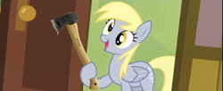 Size: 1280x521 | Tagged: safe, edit, screencap, character:derpy hooves, species:pegasus, species:pony, episode:rainbow falls, g4, my little pony: friendship is magic, axe, derpy's flag, exploitable meme, female, mare, meme, solo, this will end in tears and/or death, yandere, yanderpe