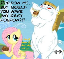 Size: 467x427 | Tagged: safe, edit, edited screencap, screencap, character:bulk biceps, character:fluttershy, species:pegasus, species:pony, apple brown betty (food), duo, ear piercing, earring, female, food, grey poupon, jewelry, male, mare, meme, piercing, roid rage, stallion, vein