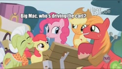 Size: 960x540 | Tagged: safe, edit, edited screencap, screencap, character:apple bloom, character:applejack, character:big mcintosh, character:granny smith, character:pinkie pie, species:earth pony, species:pony, episode:pinkie apple pie, g4, my little pony: friendship is magic, caption, female, filly, image macro, male, mare, stallion