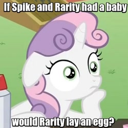 Size: 500x500 | Tagged: safe, edit, edited screencap, screencap, character:rarity, character:spike, character:sweetie belle, episode:ponyville confidential, g4, my little pony: friendship is magic, cropped, egg, female, floppy ears, hoof on chin, image macro, implied oviposition, meme, question, solo, sudden clarity sweetie belle