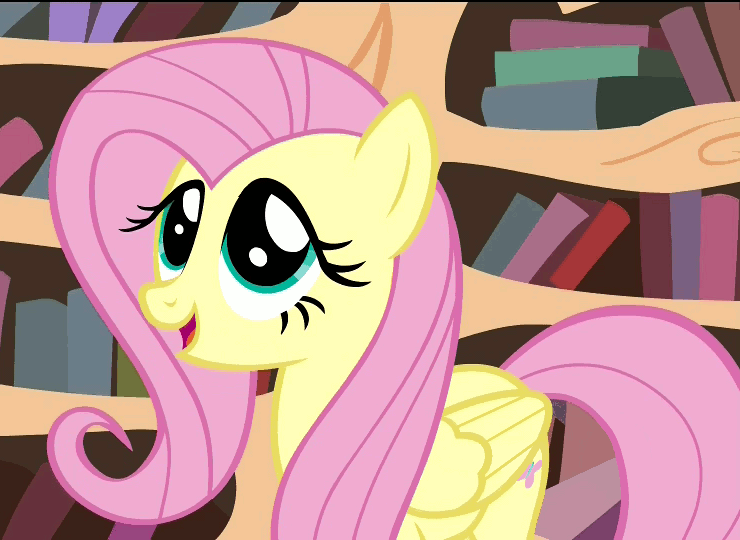 Size: 740x540 | Tagged: safe, edit, screencap, character:fluttershy, species:pegasus, species:pony, episode:three's a crowd, g4, my little pony: friendship is magic, animated, big eyes, book, cute, cutie mark, eye shimmer, eye shimmer edit, female, golden oaks library, hnnng, looking up, shyabetes, solo, weapons-grade cute