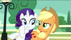 Size: 1920x1080 | Tagged: safe, edit, screencap, character:applejack, character:rarity, episode:three's a crowd, g4, my little pony: friendship is magic, whisper, whispering