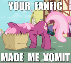 Size: 675x600 | Tagged: safe, edit, edited screencap, screencap, character:cheerilee, episode:secret of my excess, g4, my little pony: friendship is magic, bag, caption, fanfic, female, image macro, implied, out of context, paper bag, reaction image, solo