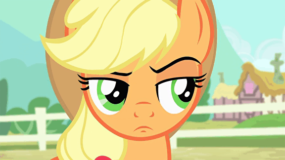 Size: 576x324 | Tagged: safe, edit, edited screencap, screencap, character:applejack, species:earth pony, species:pony, episode:three's a crowd, g4, my little pony: friendship is magic, animated, applejack's eyebrow, bust, female, floating eyebrows, frown, gif, lidded eyes, mare, raised eyebrow, reaction image, solo, unamused, unconvinced applejack, wat