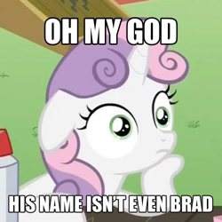 Size: 500x500 | Tagged: safe, edit, edited screencap, screencap, character:flash sentry, character:sweetie belle, episode:ponyville confidential, g4, my little pony: friendship is magic, my little pony:equestria girls, brad, cropped, exploitable meme, female, floppy ears, hoof on chin, image macro, meme, solo, sudden clarity sweetie belle