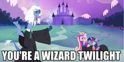 Size: 960x479 | Tagged: safe, edit, edited screencap, screencap, character:discord, character:princess cadance, character:twilight sparkle, character:twilight sparkle (alicorn), species:alicorn, species:pony, episode:three's a crowd, g4, my little pony: friendship is magic, blue flu, caption, female, harry potter, harry trotter, mare, twily trotter, wizard