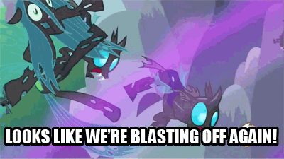 Size: 400x225 | Tagged: safe, edit, edited screencap, screencap, character:queen chrysalis, species:changeling, episode:a canterlot wedding, g4, my little pony: friendship is magic, animated, blasting off again, caption, changeling queen, crossover, defeat, defeated, gif, meme, pokémon, reaction image, team rocket, twinkle in the sky