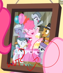 Size: 450x523 | Tagged: safe, edit, screencap, character:cloudy quartz, character:igneous rock pie, character:limestone pie, character:marble pie, character:maud pie, character:pinkie pie, episode:pinkie pride, g4, my little pony: friendship is magic, balloon, pie family, pie sisters, quartzrock, wat