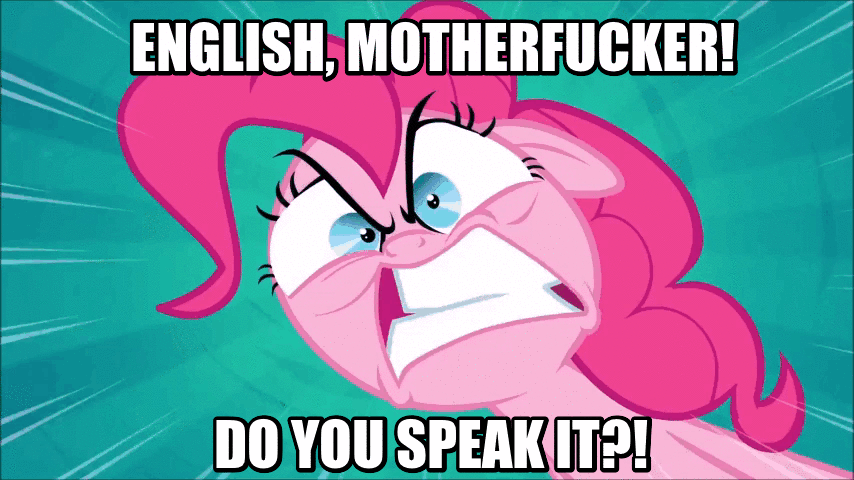 Size: 854x480 | Tagged: safe, edit, edited screencap, screencap, character:pinkie pie, episode:pinkie pride, g4, my little pony: friendship is magic, angry, animated, caption, female, image macro, meme, pulp fiction, question, quote, solo, vulgar
