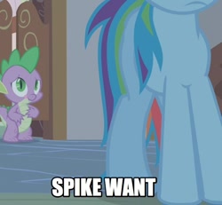 Size: 650x601 | Tagged: safe, edit, edited screencap, screencap, character:rainbow dash, character:spike, caption, eyes on the prize, image macro, text, tongue out