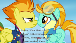 Size: 1280x722 | Tagged: safe, edit, edited screencap, screencap, character:lightning dust, character:spitfire, species:pegasus, species:pony, episode:wonderbolts academy, awesome mccoolname, boop, duo, eye contact, female, glare, insane pony thread, mare, nose to nose, nose wrinkle, noseboop, text, vulgar