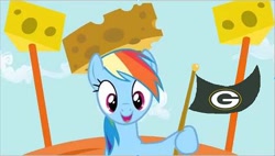 Size: 422x240 | Tagged: safe, edit, edited screencap, screencap, character:rainbow dash, episode:pinkie pride, episode:rainbow falls, g4, my little pony: friendship is magic, cheese hat, cheesehead, clothing, female, flag, green bay packers, hat, nfl, solo, wisconsin