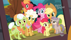 Size: 1440x810 | Tagged: safe, edit, edited screencap, screencap, character:apple bloom, character:applejack, character:big mcintosh, character:goldie delicious, character:granny smith, character:maud pie, character:pinkie pie, species:earth pony, species:pony, episode:pinkie pride, g4, my little pony: friendship is magic, ghost, hub logo, male, stallion, the ghost of obsidian pie