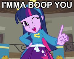 Size: 549x444 | Tagged: safe, edit, edited screencap, screencap, character:twilight sparkle, my little pony:equestria girls, boop, dialogue, female, image macro, imminent boop, solo