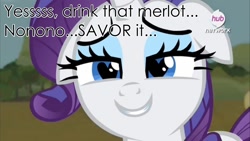 Size: 1280x720 | Tagged: safe, edit, edited screencap, screencap, character:rarity, species:pony, species:unicorn, bedroom eyes, caption, female, foodplay, heart eyes, implied shipping, mare, out of context, shout out, solo, wine, wingding eyes