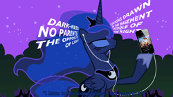 Size: 1580x889 | Tagged: safe, edit, edited screencap, screencap, character:princess luna, episode:luna eclipsed, g4, my little pony: friendship is magic, batman, earbuds, female, ipod, lego, lyrics, music, solo, song reference, the lego movie