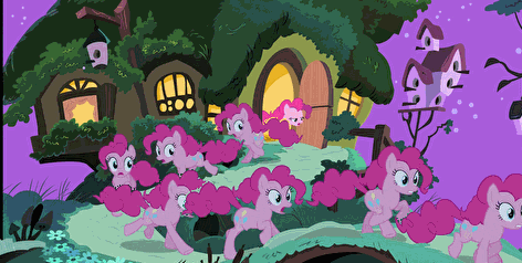 Size: 472x238 | Tagged: safe, edit, screencap, character:pinkie pie, species:earth pony, species:pony, episode:filli vanilli, g4, my little pony: friendship is magic, animated, bird house, clones, door, female, fluttershy's cottage, mare, multeity, night, running, too much pink energy is dangerous, xk-class end-of-the-world scenario