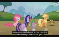 Size: 640x400 | Tagged: safe, edit, edited screencap, screencap, character:applejack, character:pinkie pie, character:spike, character:twilight sparkle, species:dragon, species:earth pony, species:pony, species:unicorn, apple, butt, caption, female, food, injured, male, mare, plot, youtube caption