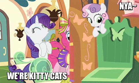 Size: 482x290 | Tagged: safe, edit, edited screencap, screencap, character:rarity, character:sweetie belle, episode:rainbow falls, episode:stare master, g4, my little pony: friendship is magic, animated, behaving like a cat, clothing, cute, diasweetes, image macro, kitty belle, meme, raribetes, raricat, sisters, skirt, wide eyes