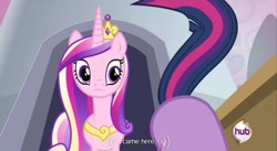 Size: 640x350 | Tagged: safe, edit, edited screencap, screencap, character:twilight sparkle, species:alicorn, species:pony, species:unicorn, episode:a canterlot wedding, g4, my little pony: friendship is magic, caption, face down ass up, female, hub logo, mare, out of context, sunshine sunshine, youtube, youtube caption