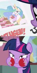 Size: 460x900 | Tagged: safe, edit, edited screencap, screencap, character:princess celestia, character:twilight sparkle, character:twilight sparkle (alicorn), species:alicorn, species:pony, episode:ponyville confidential, episode:twilight time, g4, my little pony: friendship is magic, cake, cakelestia, comparison, eating, female, like mentor like student, majestic as fuck, mare, messy eating, that pony sure does love burgers, twilight burgkle