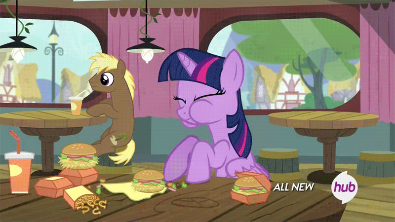 Size: 800x450 | Tagged: safe, edit, edited screencap, screencap, character:coco crusoe, character:twilight sparkle, character:twilight sparkle (alicorn), species:alicorn, species:pony, episode:twilight time, g4, my little pony: friendship is magic, animated, burger, eating, female, gif, hay burger, hay fries, hub logo, male, mare, onion horseshoes, reversed, that pony sure does love burgers, twilight burgkle, twilight slobble