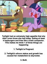 Size: 947x1274 | Tagged: safe, edit, edited screencap, screencap, character:coco crusoe, character:twilight sparkle, character:twilight sparkle (alicorn), species:alicorn, species:pony, episode:twilight time, g4, my little pony: friendship is magic, analysis, background pony, drink, eating, food, hay burger, image macro, implied pregnancy, male, meme, overanalyzing, puffy cheeks, sitting, stallion, text, that pony sure does love burgers, theory, twilight burgkle, twilight slobble