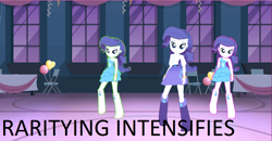 Size: 1066x553 | Tagged: safe, edit, edited screencap, gameloft, screencap, character:rarity, my little pony:equestria girls, boots, bracelet, commonity, dancing, descriptive noise, fall formal outfits, high heel boots, jewelry, meme, multeity, x intensifies