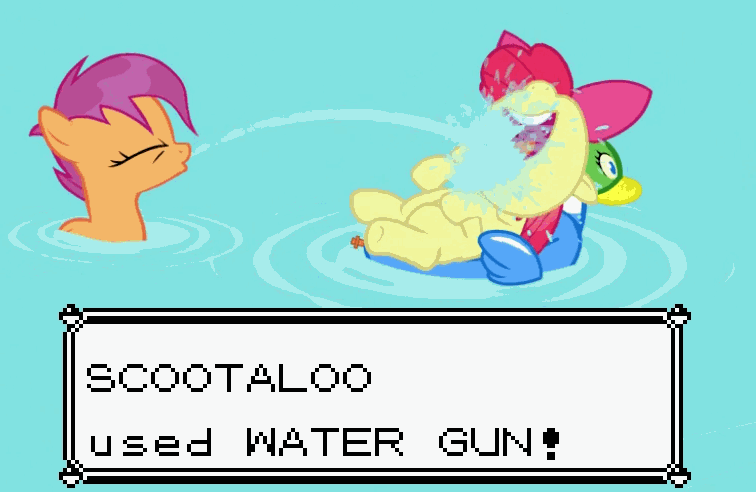 Size: 756x492 | Tagged: safe, edit, screencap, character:apple bloom, character:scootaloo, species:pegasus, species:pony, episode:twilight time, g4, my little pony: friendship is magic, animated, crossover, duck pony, floating, gif, inner tube, parody, pokémon, squirting, swimming pool, tickling, video game, water