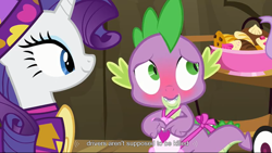 Size: 1600x900 | Tagged: safe, edit, edited screencap, screencap, character:rarity, character:spike, species:dragon, species:pony, species:unicorn, episode:dragon quest, g4, my little pony: friendship is magic, apron, blushing, caption, clothing, female, male, mare, naked apron, youtube caption