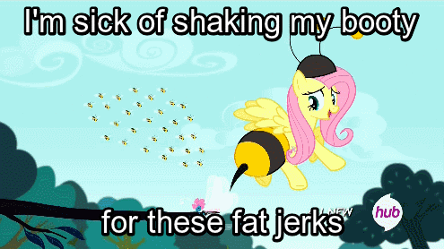 Size: 495x278 | Tagged: safe, edit, edited screencap, screencap, character:fluttershy, character:seabreeze, species:pegasus, species:pony, episode:it ain't easy being breezies, g4, my little pony: friendship is magic, animal costume, animated, bee, bee costume, bender bending rodriguez, butt shake, caption, clothing, costume, female, flutterbee, futurama, hub logo, hubble, image macro, mare, meme, parody, plot, the hub