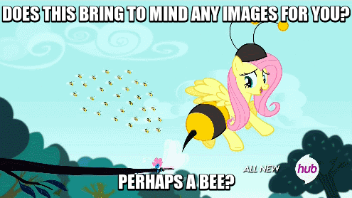 Size: 495x278 | Tagged: safe, edit, edited screencap, screencap, character:fluttershy, character:seabreeze, episode:it ain't easy being breezies, g4, my little pony: friendship is magic, all new, animal costume, animated, bee, bee costume, beekini, butt shake, clothing, costume, flutterbee, hub logo, hubble, plot, quote, teasing animators, the hub