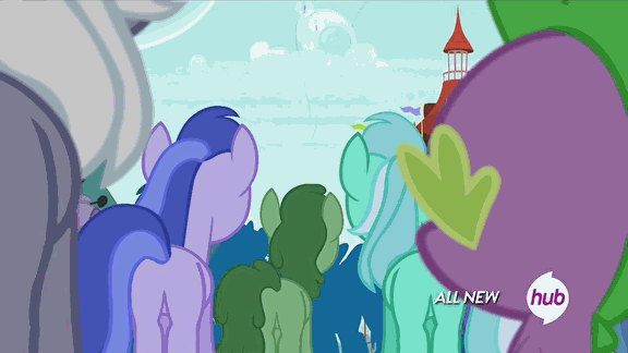 Size: 576x324 | Tagged: safe, edit, screencap, character:amethyst star, character:lyra heartstrings, character:oakey doke, character:royal riff, character:sea swirl, character:sparkler, character:spike, species:breezies, episode:it ain't easy being breezies, g4, my little pony: friendship is magic, all new, angry, animated, annoyed, background pony, background pony audience, blank flank, frown, grin, gritted teeth, hub logo, hubble, plot, smiling, the hub