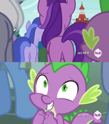 Size: 828x946 | Tagged: safe, edit, screencap, character:amethyst star, character:royal riff, character:sea swirl, character:sparkler, character:spike, episode:it ain't easy being breezies, episode:simple ways, g4, my little pony: friendship is magic, all new, hub logo, out of context, plot