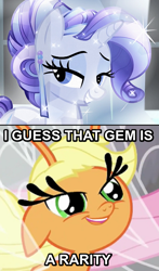 Size: 456x775 | Tagged: safe, edit, edited screencap, screencap, character:applejack, character:rarity, species:breezies, species:crystal pony, species:pony, species:unicorn, episode:it ain't easy being breezies, episode:the crystal empire, g4, my little pony: friendship is magic, applebreezie, breeziefied, caption, carlos, carlosjack, crystal rarity, female, image macro, mare, meme, pun, solo, species swap