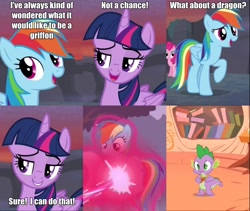 Size: 1458x1228 | Tagged: safe, edit, edited screencap, screencap, character:rainbow dash, character:spike, character:twilight sparkle, character:twilight sparkle (alicorn), species:alicorn, episode:it ain't easy being breezies, episode:the return of harmony, g4, my little pony: friendship is magic, dragonified, female to male, new rainbow dash, role reversal, rule 63, smiling, smirk, smuglight sparkle, species swap, transformation, transgender transformation