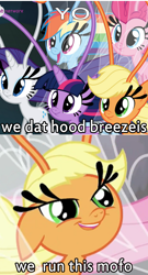 Size: 444x821 | Tagged: safe, edit, edited screencap, screencap, character:applejack, character:fluttershy, character:pinkie pie, character:rainbow dash, character:rarity, character:twilight sparkle, character:twilight sparkle (alicorn), species:alicorn, species:breezies, species:pony, episode:it ain't easy being breezies, g4, my little pony: friendship is magic, season 4, applebreezie, breezie pie, breeziefied, carlosjack, image macro, meme, prediction, rainbow breez, rarbreez, species swap, twilight breezie