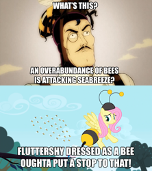 Size: 1920x2160 | Tagged: safe, edit, edited screencap, screencap, character:fluttershy, character:seabreeze, species:human, species:pegasus, species:pony, episode:it ain't easy being breezies, g4, my little pony: friendship is magic, animal costume, bee, bee costume, butt shake, clothing, costume, dr bees, female, flutterbee, harry partridge, mare, plot, remake, what's this?