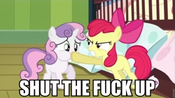 Size: 960x539 | Tagged: safe, edit, edited screencap, screencap, character:apple bloom, character:sweetie belle, episode:somepony to watch over me, g4, my little pony: friendship is magic, hoof in mouth, hub logo, image macro, meme, shut the fuck up, stfu, vulgar